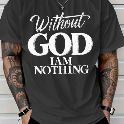 Men's 180g Heavyweight Cotton T-Shirt with "Without GOD I AM NOTHING" Inspirational Print - Navy Blue Casual Round Neck Short Sleeve Tee, Machine Washable - Maximus Echo