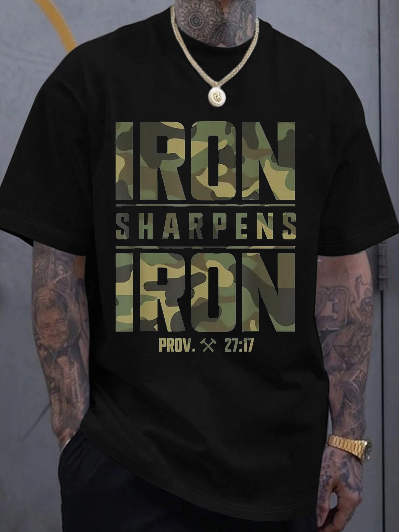 Men's 100% Cotton T-Shirt with Camouflage Pattern & "IRON SHARPENS IRON" Proverbs 27:17 Breathable Regular Fit, Machine Washable - Maximus Echo