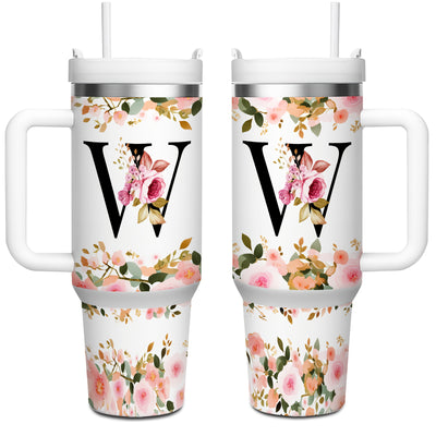 1pc 40oz "A-Z Floral Letters" Stainless Steel Travel Cup, Keeps Hot 12h Cold 24h. Coffee Cup - Maximus Echo