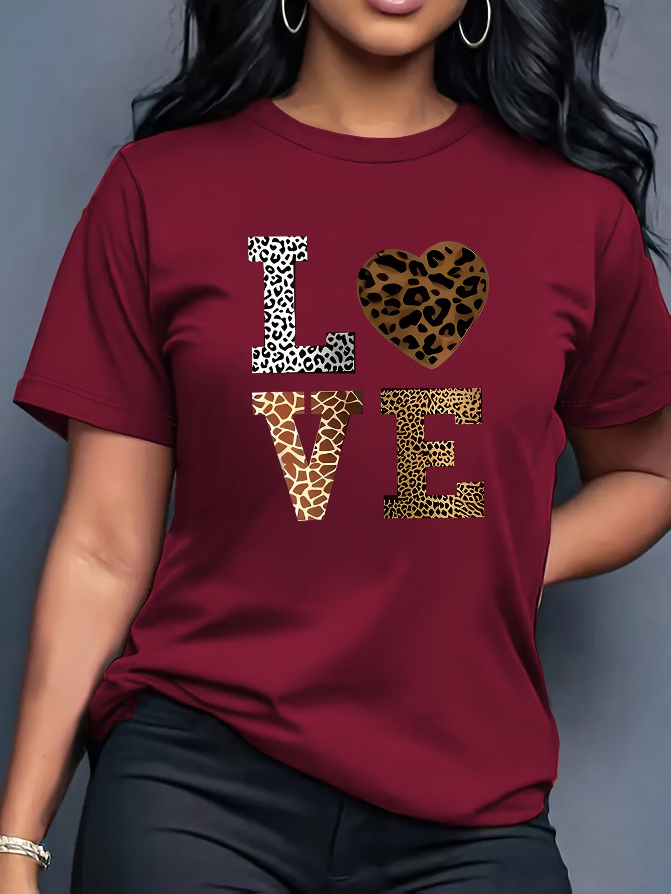 Women's Casual T-Shirt Leopard Print Heart & 'LOVE' Graphic | Round Neck, Short Sleeve | Machine Washable | All-Season Comfort Fit Top - Maximus Echo