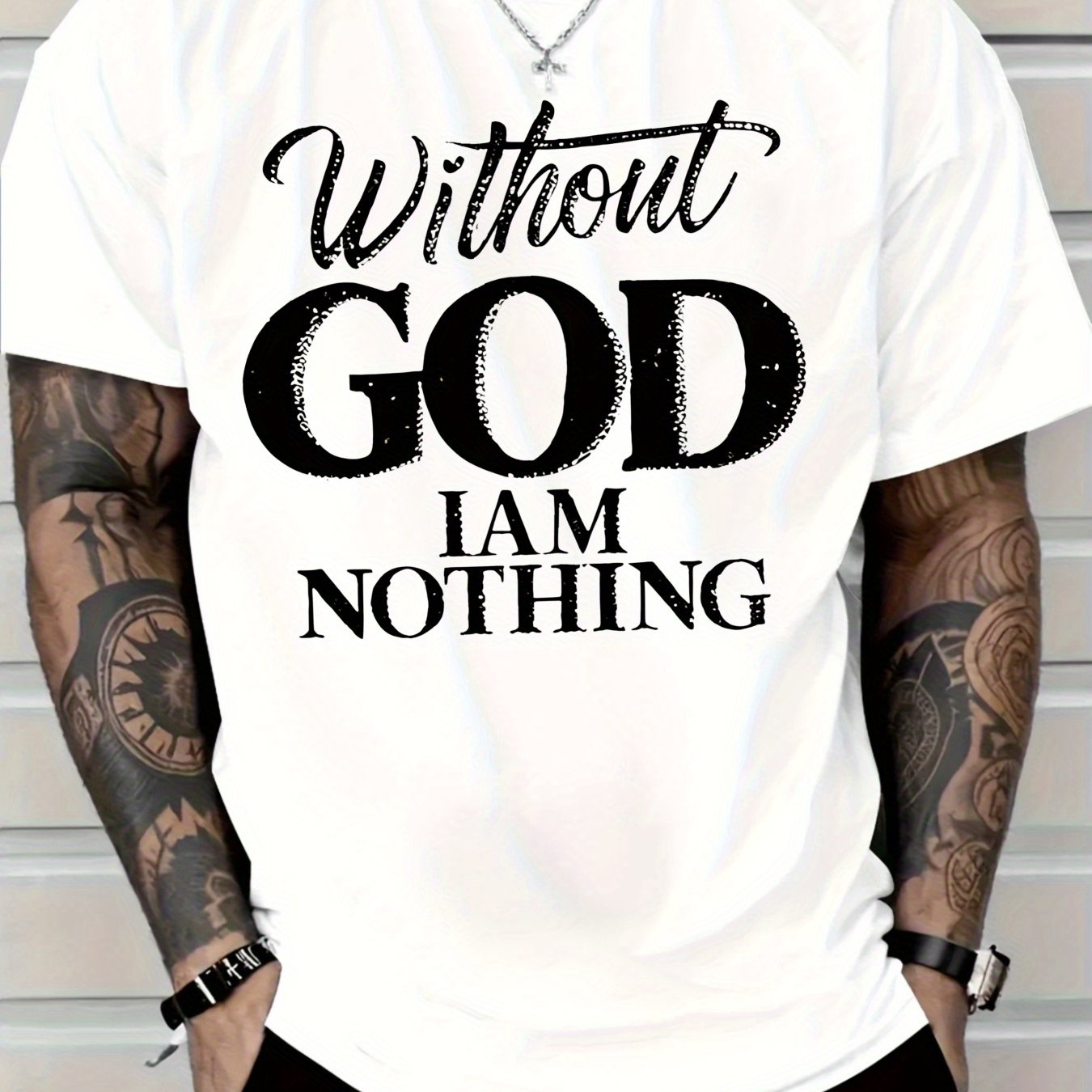Men's 180g Heavyweight Cotton T-Shirt with "Without GOD I AM NOTHING" Inspirational Print - Navy Blue Casual Round Neck Short Sleeve Tee, Machine Washable - Maximus Echo