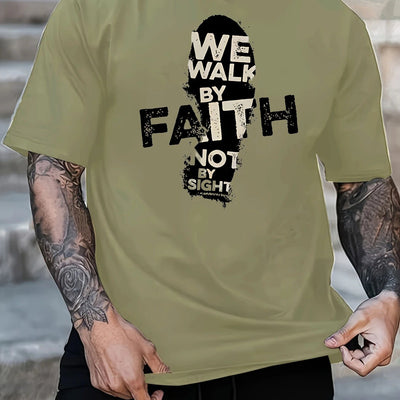 Men's 180g Cotton T-Shirt with "We Walk by Faith Not by Sight"- Casual Round Neck Short Sleeve Tee, Machine Washable, Durable Fabric Shirt - Maximus Echo