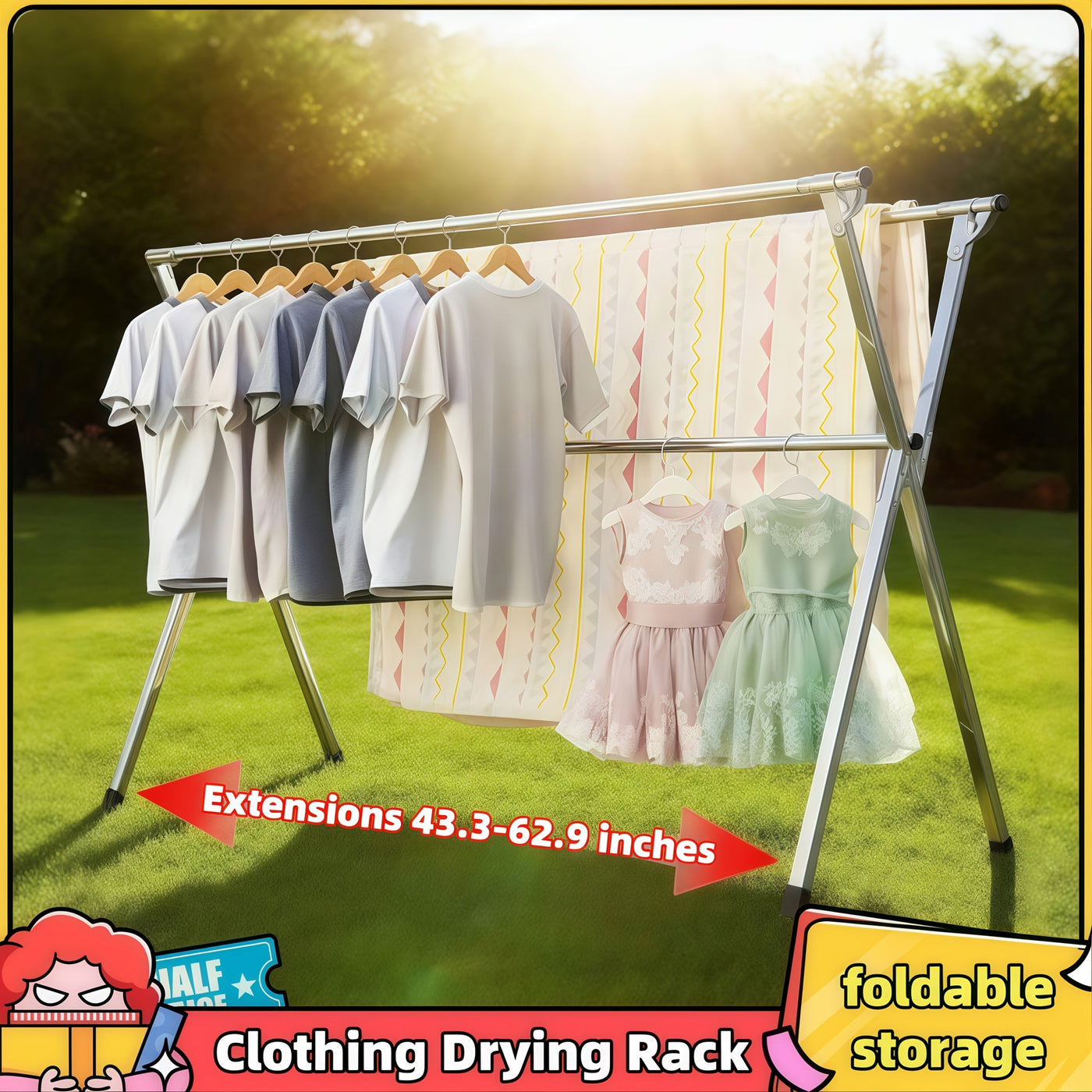 Foldable Metal Clothes Drying Rack, Adjustable Three Rod, with Space-Saving Storage Maximus Echo