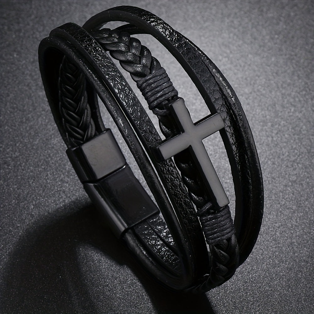 1pc PU Leather Fashion Magnetic Buckle Cross Simple Men's Versatile Woven Bracelet, Father's Day Gift - Maximus Echo