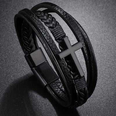 1pc PU Leather Fashion Magnetic Buckle Cross Simple Men's Versatile Woven Bracelet, Father's Day Gift - Maximus Echo