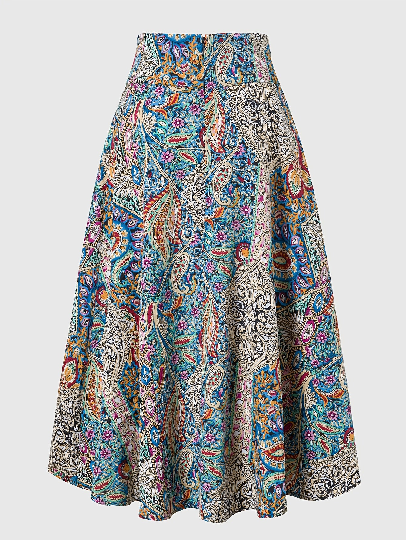 Women's Bohemian Floral Print A-Line Midi Skirt - Vibrant Paisley & Blossom Design, High-Waisted Casual Spring/Summer Skirt, Polyester, Machine Washable, High Waisted Skirt - Maximus Echo