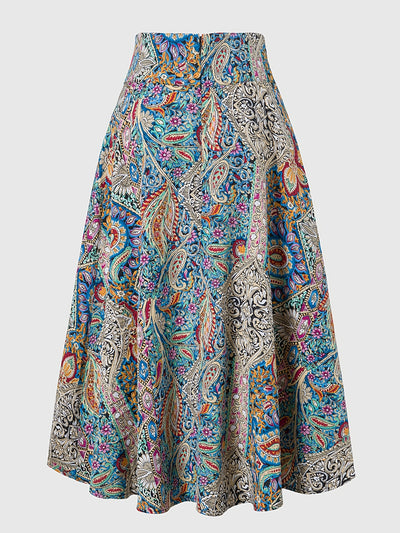 Women's Bohemian Floral Print A-Line Midi Skirt - Vibrant Paisley & Blossom Design, High-Waisted Casual Spring/Summer Skirt, Polyester, Machine Washable, High Waisted Skirt - Maximus Echo
