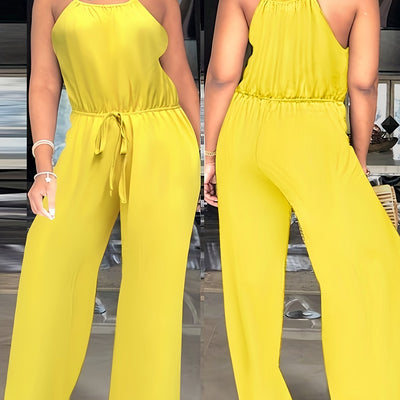 Women'S Yellow Halter Neck Jumpsuit with Drawstring Waist - Casual, Summer, Adult, Comfortable Fit, Casual Wear - Maximus Echo