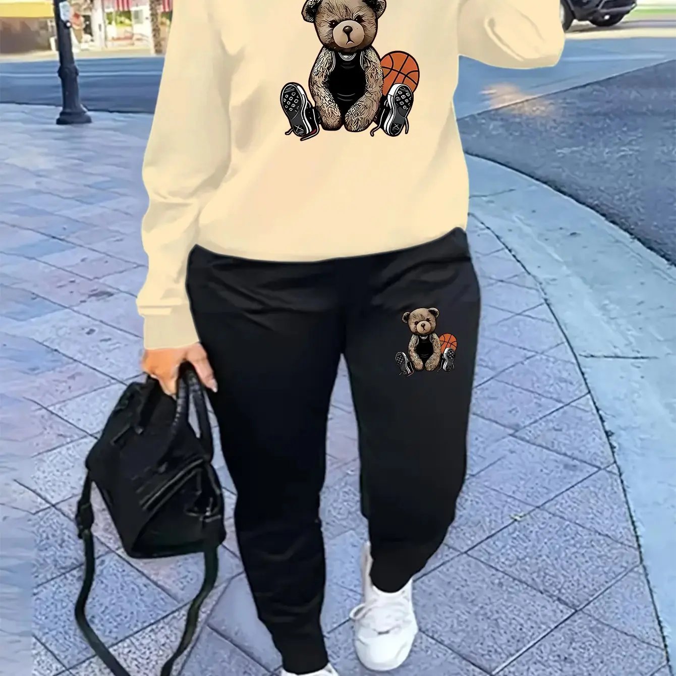 Women'S Casual Sports Fashion Bear Basketball Pattern Crew Neck Sweatshirt Set with Knit Fabric, 100% Polyester Material, Fall/Winter Season