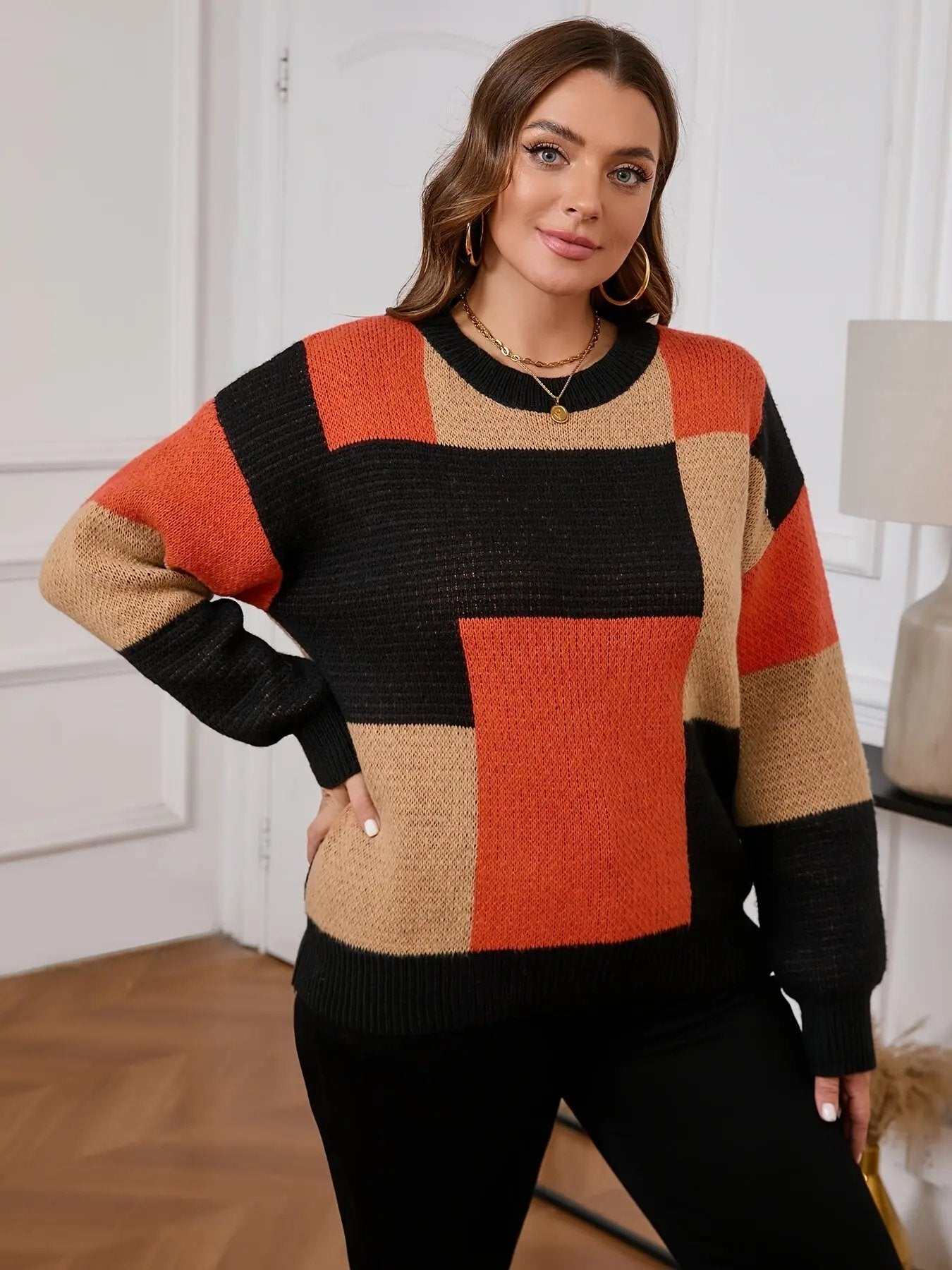 Plus Size Women's Geometric Color-Block Sweater - Casual Round Neck Pullover with Stretchy Fabric