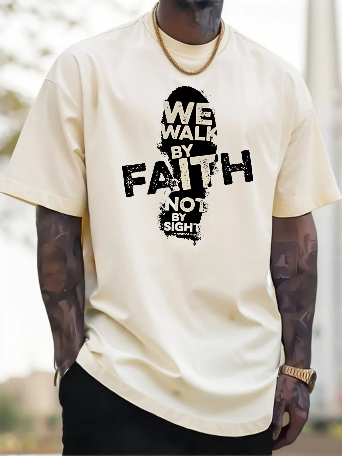 Men's 180g Cotton T-Shirt with "We Walk by Faith Not by Sight"- Casual Round Neck Short Sleeve Tee, Machine Washable, Durable Fabric Shirt - Maximus Echo