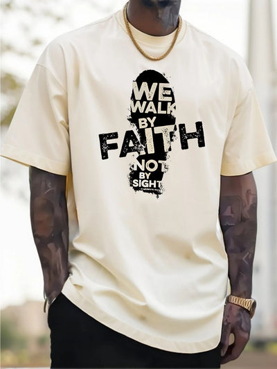 Men's 180g Cotton T-Shirt with "We Walk by Faith Not by Sight"- Casual Round Neck Short Sleeve Tee, Machine Washable, Durable Fabric Shirt - Maximus Echo