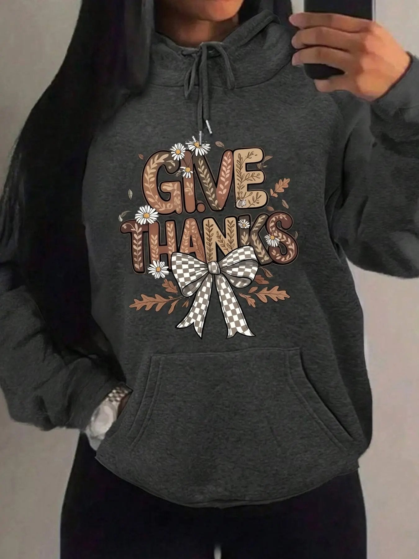 Women's Oversized Dark Gray Hooded Sweatshirt with Kangaroo Pocket Maximus Echo