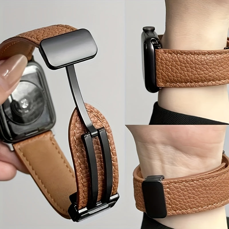 Band for Apple Watch with Magnetic Folding , Waterproof, Iron Clasp - Compatible with Apple Watch ultra SE/ Beige with Dark Brown - Maximus Echo
