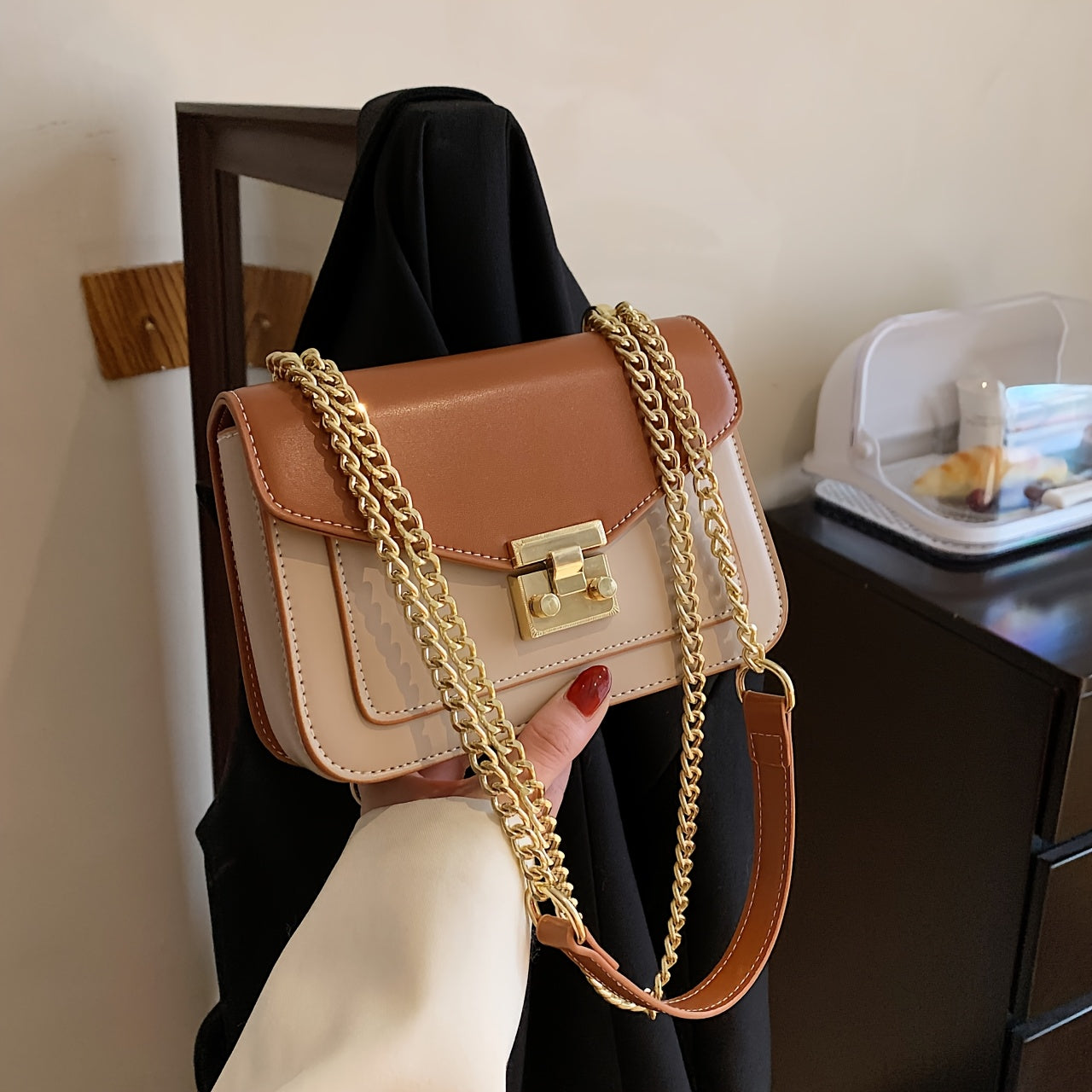 Elegant Beige & Brown Mini Turnlock Square Shoulder Bag with Golden Chain Strap | Office Bag, Chain Strap Bag, Turnlock Closure, Ideal for Work, Office - Maximus Echo
