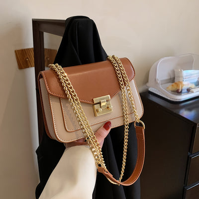 Elegant Beige & Brown Mini Turnlock Square Shoulder Bag with Golden Chain Strap | Office Bag, Chain Strap Bag, Turnlock Closure, Ideal for Work, Office - Maximus Echo