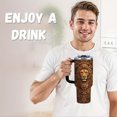 1-Pack Men's Lion Design Insulated Bottle Cup - Brown Lion Head, Leakproof Coffee Cup , Heavy-Duty 304 Stainless Steel Travel Mug (40oz) Maximus Echo