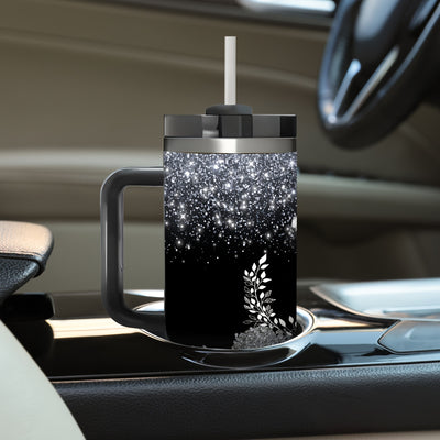 1pc 40oz Queen Crown Glitter Tumbler with Handle, Stainless Steel Double-Wall Vacuum - Maximus Echo
