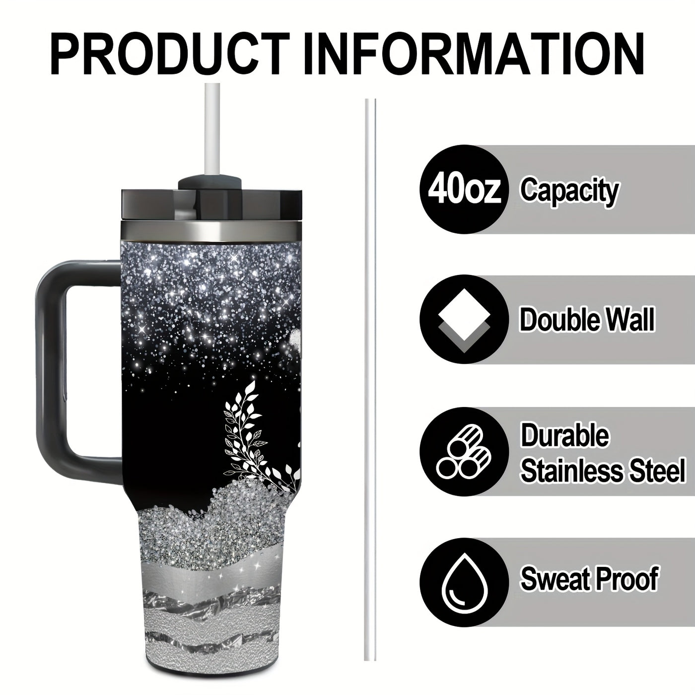 1pc 40oz Queen Crown Glitter Tumbler with Handle, Stainless Steel Double-Wall Vacuum - Maximus Echo