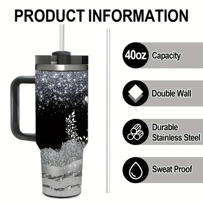 1pc 40oz Queen Crown Glitter Tumbler with Handle, Stainless Steel Double-Wall Vacuum - Maximus Echo