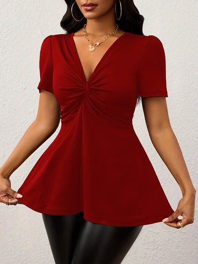 Women'S Elegant Solid Color V-Neck Twist-Front Loose Hem Stretchy Comfortable Basic T-Shirt Top - Maximus Echo
