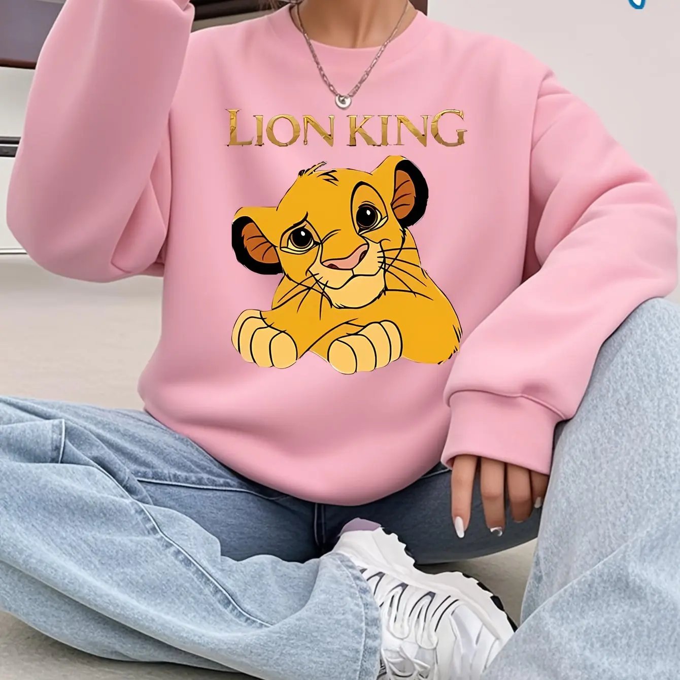 Disney Women's Pink Lion King Simba Graphic Crewneck Sweatshirt Maximus Echo