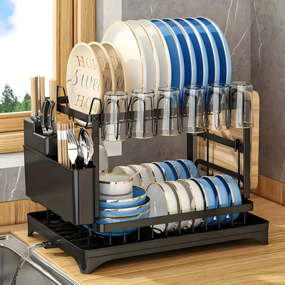 1pc, 2 Tier Cutlery Rack] Rust Resistant Carbon Steel, 2 Tier, 1pc Cutlery Rack | Kitchen Countertop Drain Cutlery Rack With Drain Board | Large, Height 11.81 Inches, Length*W/16.54 Inches*11.81 Inches, Black/White - Maximus Echo