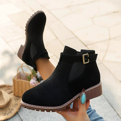 Women's Slip-On Low Heel Ankle Boots - Sporty Chic Round Toe with Decorative Buckle