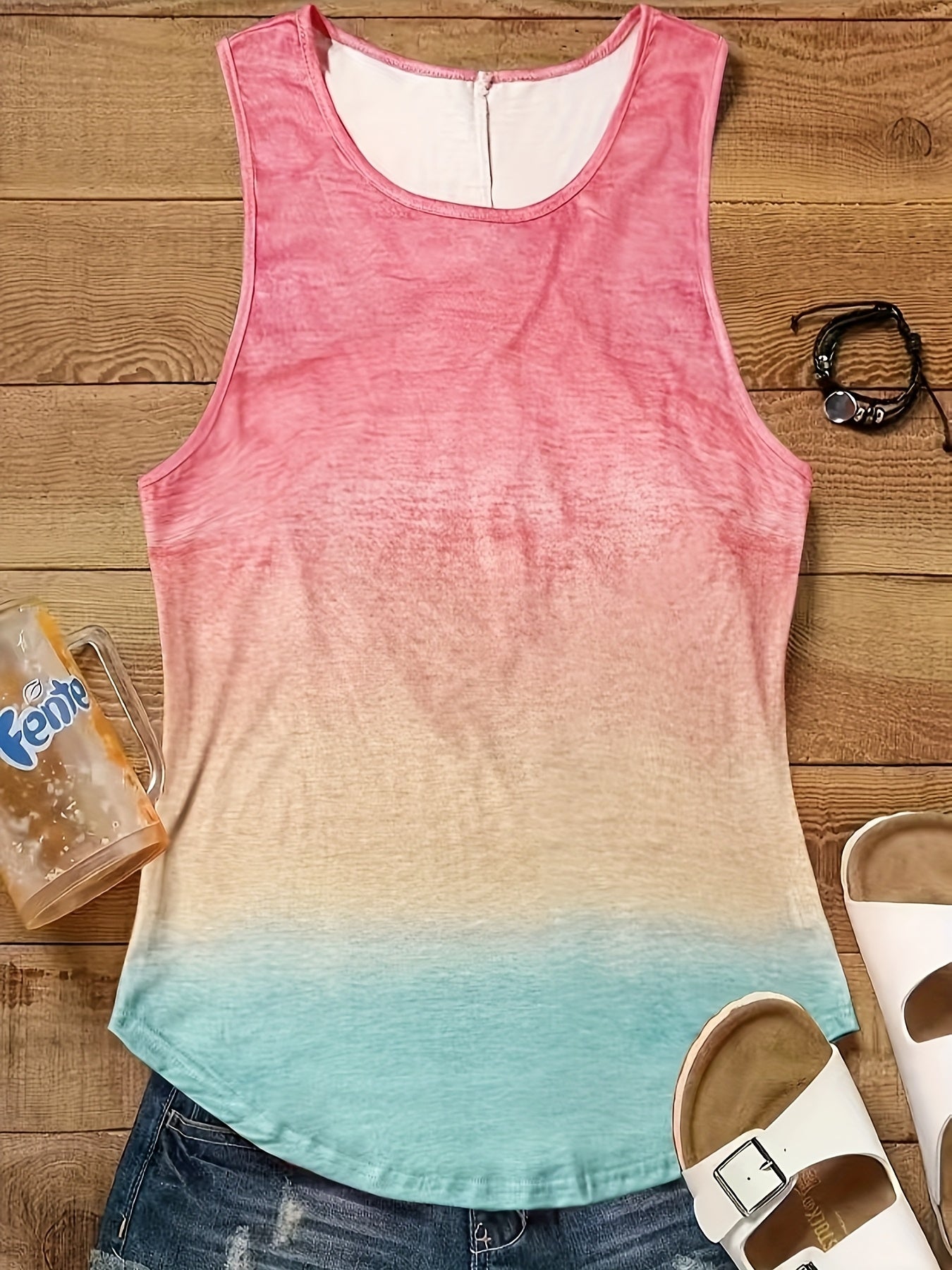 Elegant Gradient Print Sleeveless Tank Top for Women - Crew Neck with Twist Back Detail, Stretchy Polyester Blend - Maximus Echo