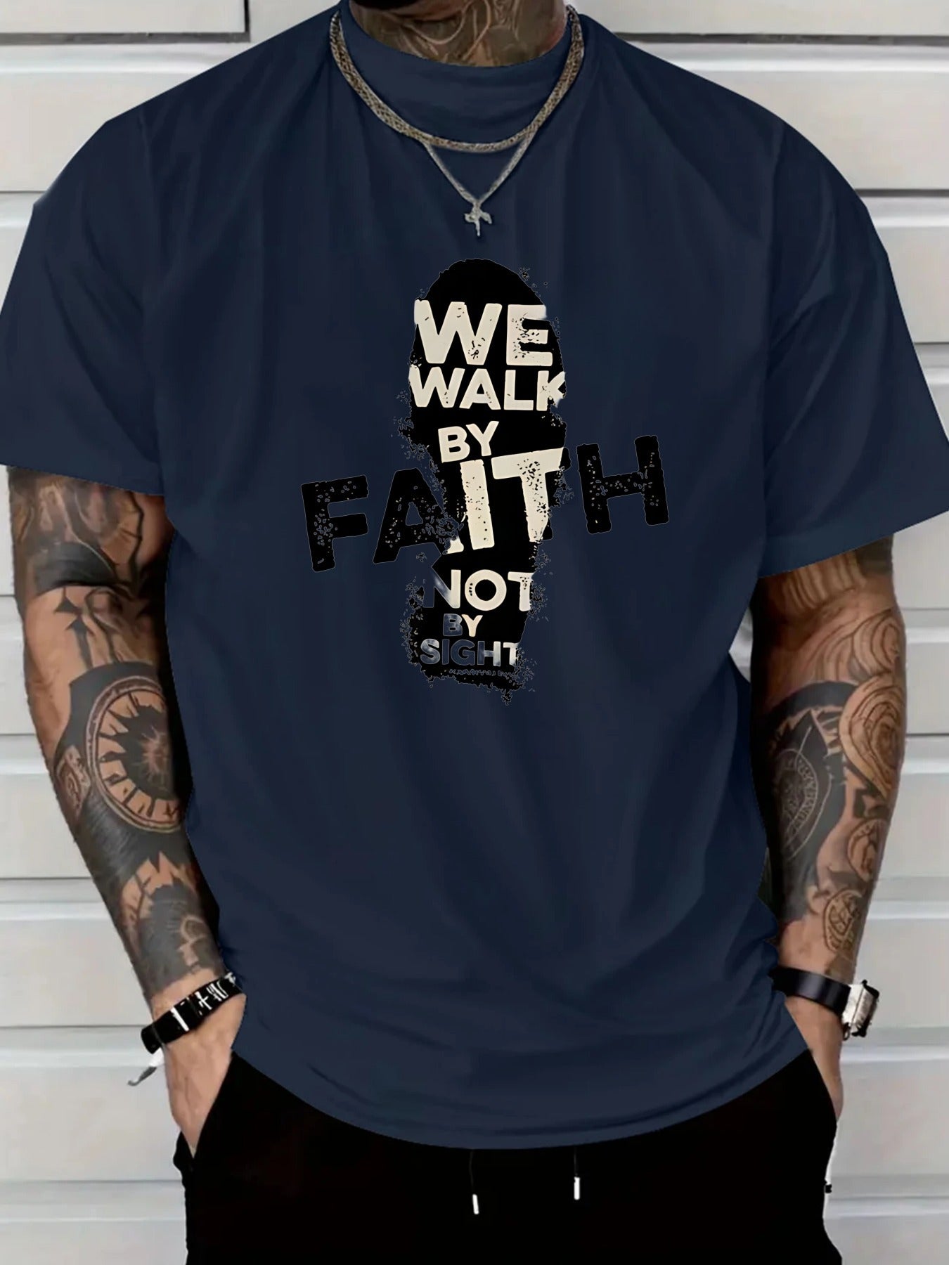 Men's 180g Cotton T-Shirt with "We Walk by Faith Not by Sight"- Casual Round Neck Short Sleeve Tee, Machine Washable, Durable Fabric Shirt - Maximus Echo