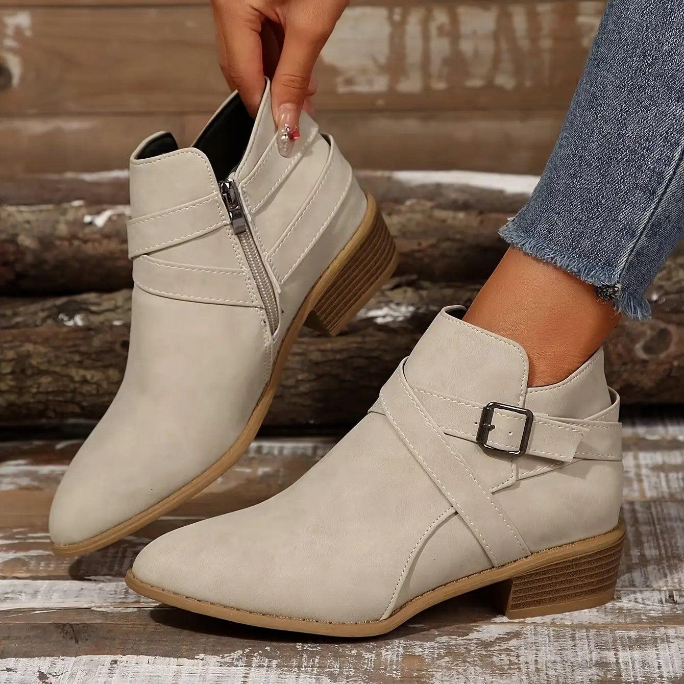 Women's Ankle Boots with Adjustable Buckle Straps & Side Zipper Closure