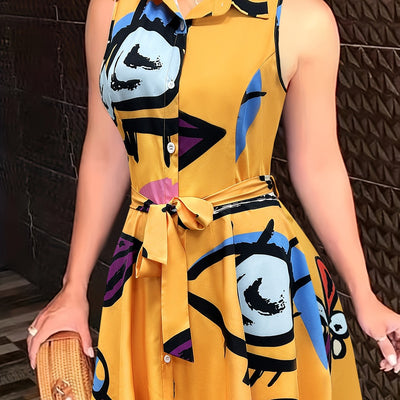Sexy Pendulum Abstract Print Dress - Sleeveless, Lapel Collar, Tie-Waist, Belted, Semi-Sheer, Machine Washable, Perfect for Summer - Maximus Echo