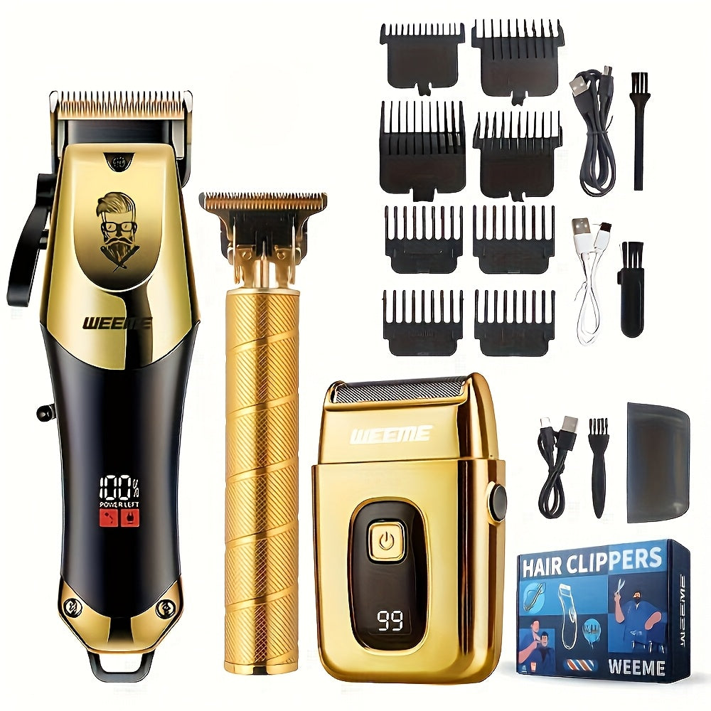 3pcs/se 1pc/sett Men's Professional Golden Hair Clipper & Trimmer Set - USB Rechargeable Hair Cutting Including Electric Shaver,3 Cleaning Brushes Maximus Echo