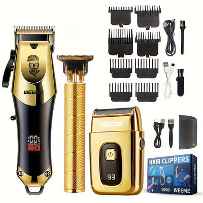 3pcs/se 1pc/sett Men's Professional Golden Hair Clipper & Trimmer Set - USB Rechargeable Hair Cutting Including Electric Shaver,3 Cleaning Brushes Maximus Echo