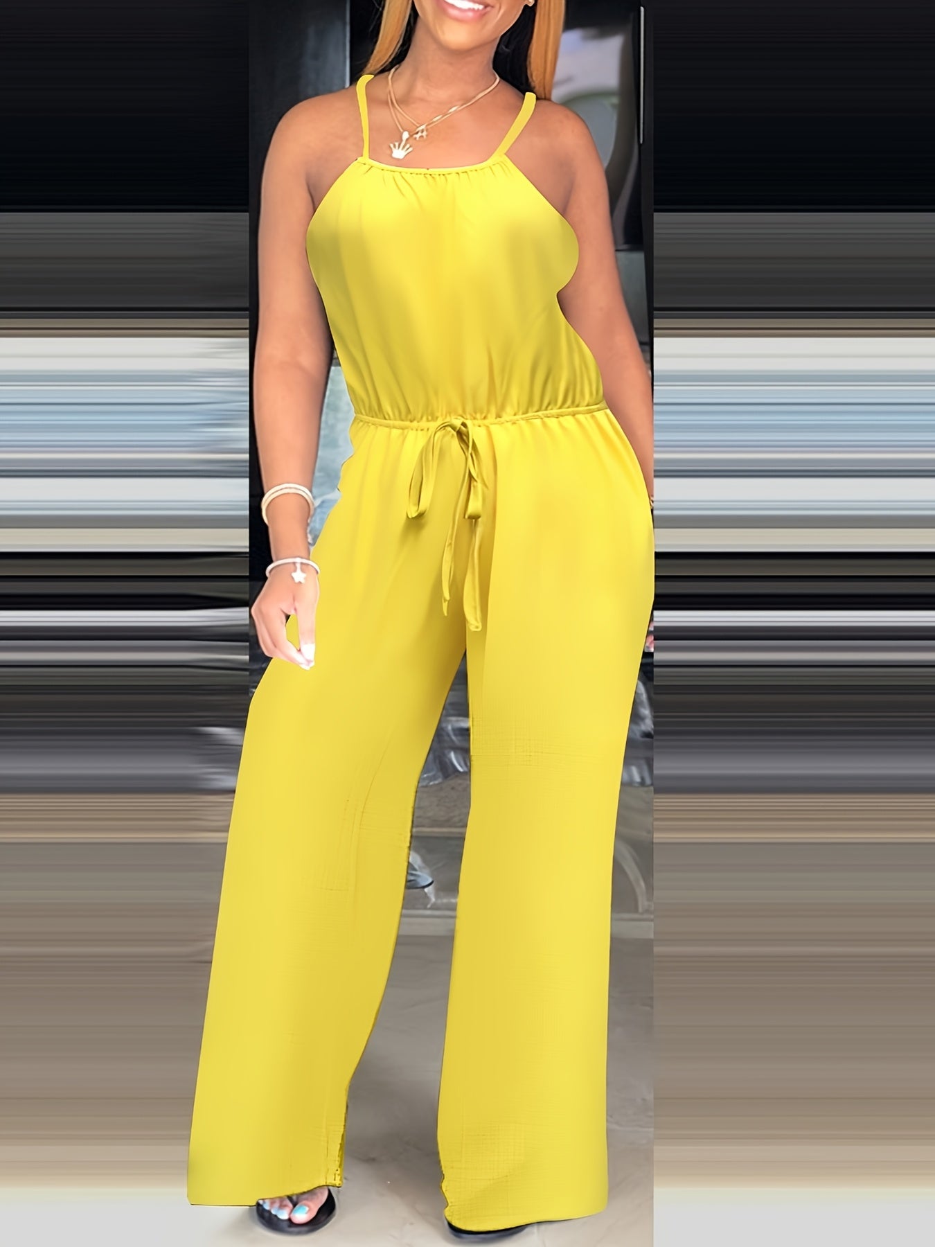 Women'S Yellow Halter Neck Jumpsuit with Drawstring Waist - Casual, Summer, Adult, Comfortable Fit, Casual Wear - Maximus Echo