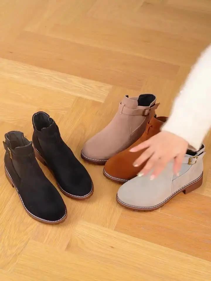 Women's Slip-On Low Heel Ankle Boots - Sporty Chic Round Toe with Decorative Buckle