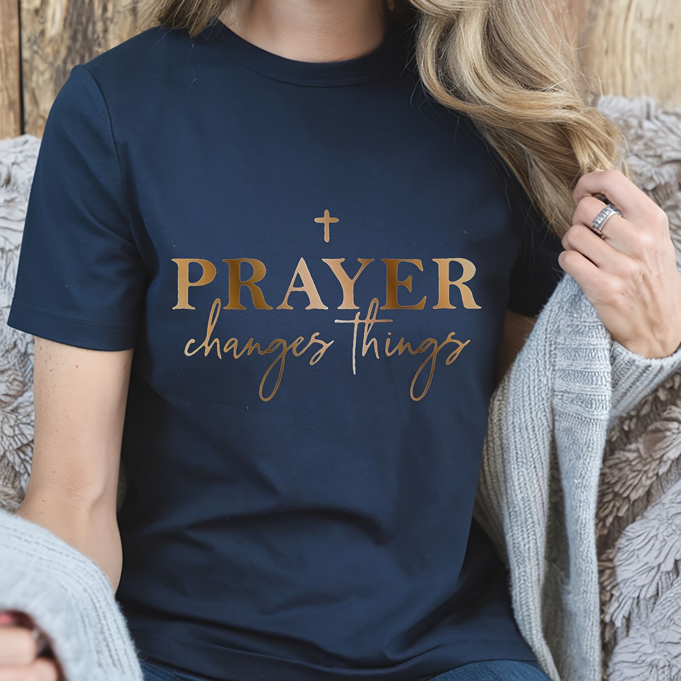 Women's "Prayer Changes Things" Christian T-Shirt - Navy Blue & Golden Lettering, 100% Cotton - Maximus Echo
