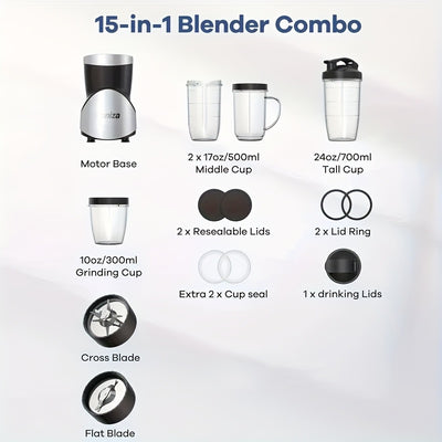 15pcs 900W Smoothie Juicer Blender, Personal Blender And Grinder Set For Kitchen, 4 BPA-Free Portable Blending Cups - Maximus Echo