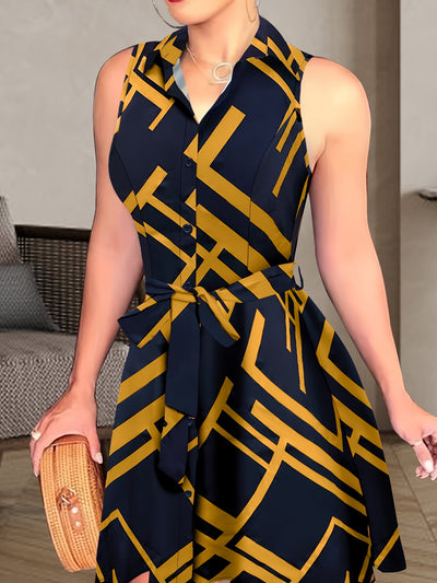Sexy Pendulum Abstract Print Dress - Sleeveless, Lapel Collar, Tie-Waist, Belted, Semi-Sheer, Machine Washable, Perfect for Summer - Maximus Echo