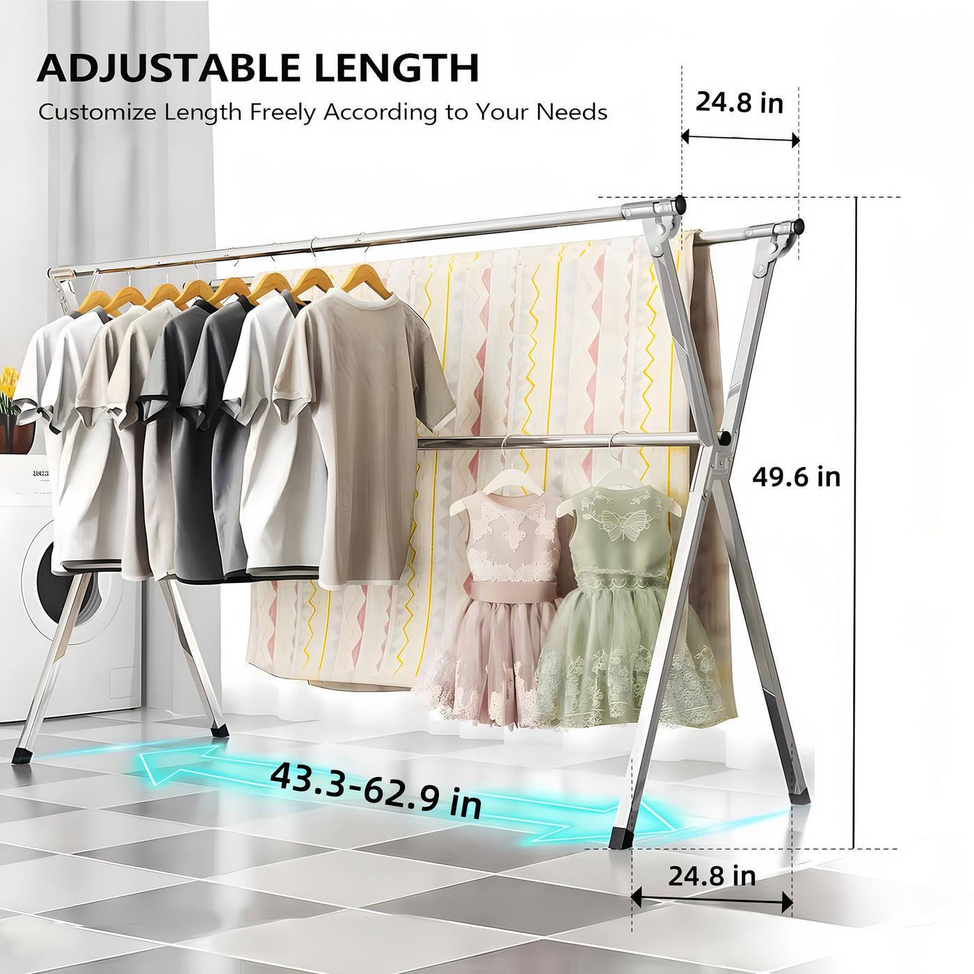 Foldable Metal Clothes Drying Rack, Adjustable Three Rod, with Space-Saving Storage Maximus Echo