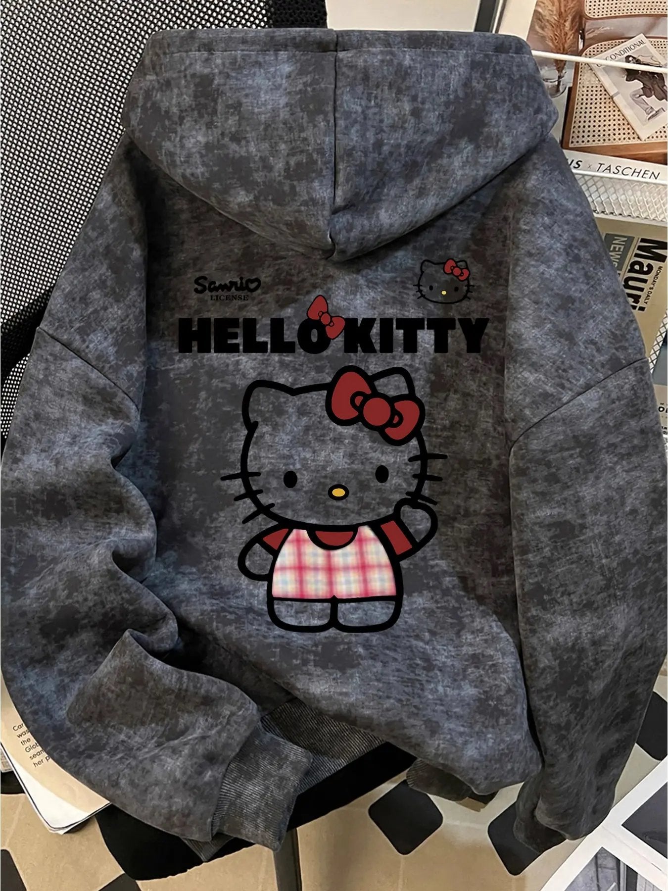Sanrio Hello Kitty 's Oversized Hooded Sweatshirt -Pink Plaid Maximus Echo