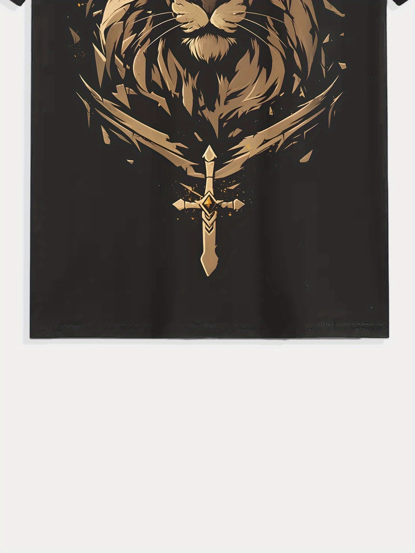 Golden Lion Crew Neck T-Shirt - Kingly Lion Crown Sword, Short Sleeve, Casual Maximus Echo