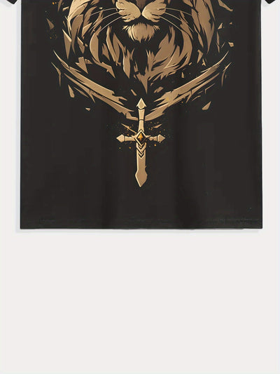 Golden Lion Crew Neck T-Shirt - Kingly Lion Crown Sword, Short Sleeve, Casual Maximus Echo
