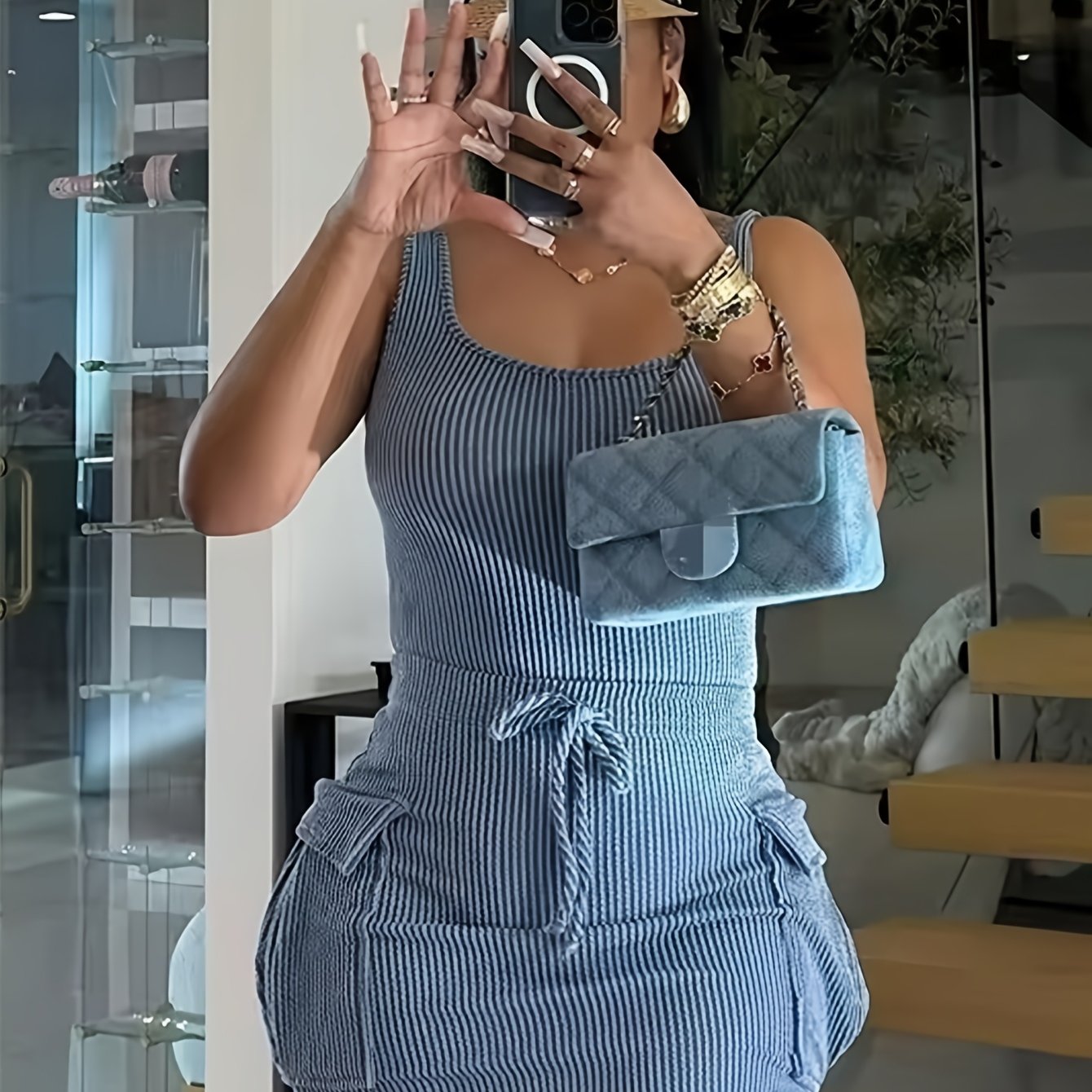 Stretchy Bodycon Striped Dress | Women's Tie-Front Adjustable Mini Casual with Side Pockets - Machine Washable - Maximus Echo