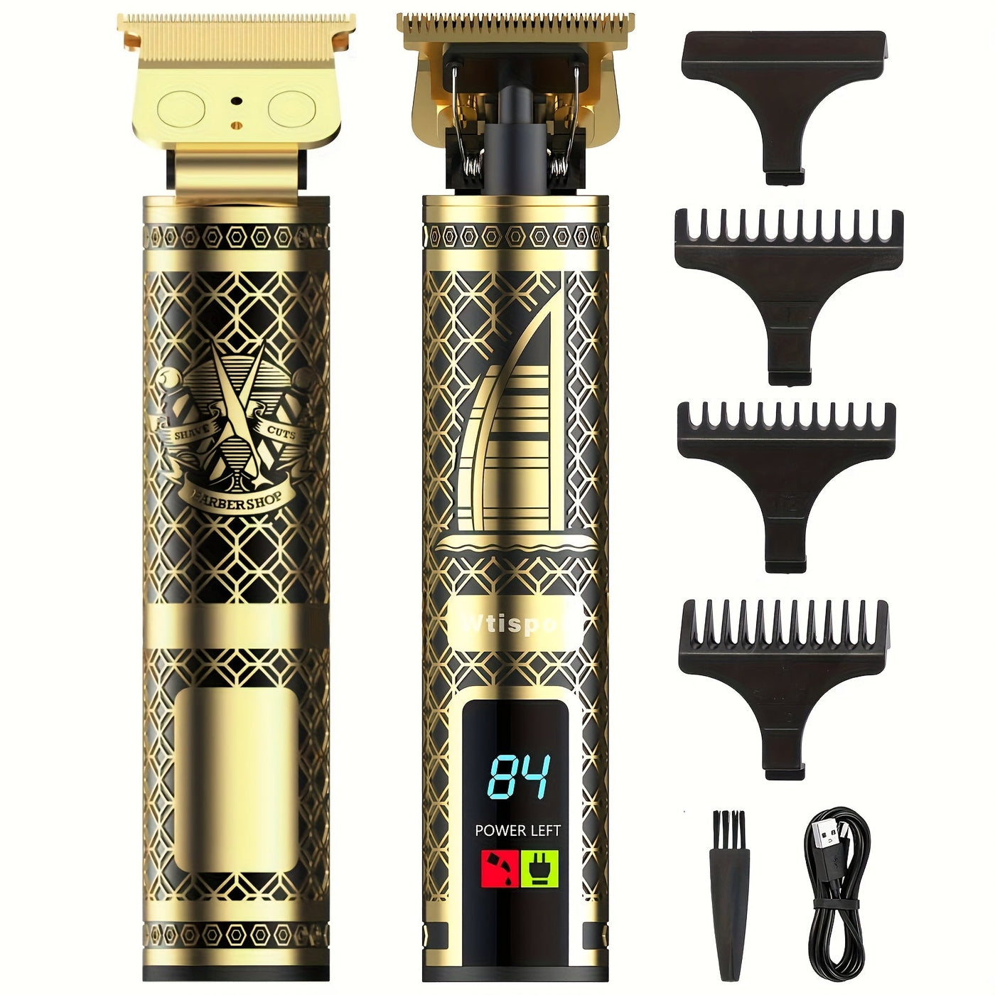 3pcs/se 1pc/sett Men's Professional Golden Hair Clipper & Trimmer Set - USB Rechargeable Hair Cutting Including Electric Shaver,3 Cleaning Brushes Maximus Echo