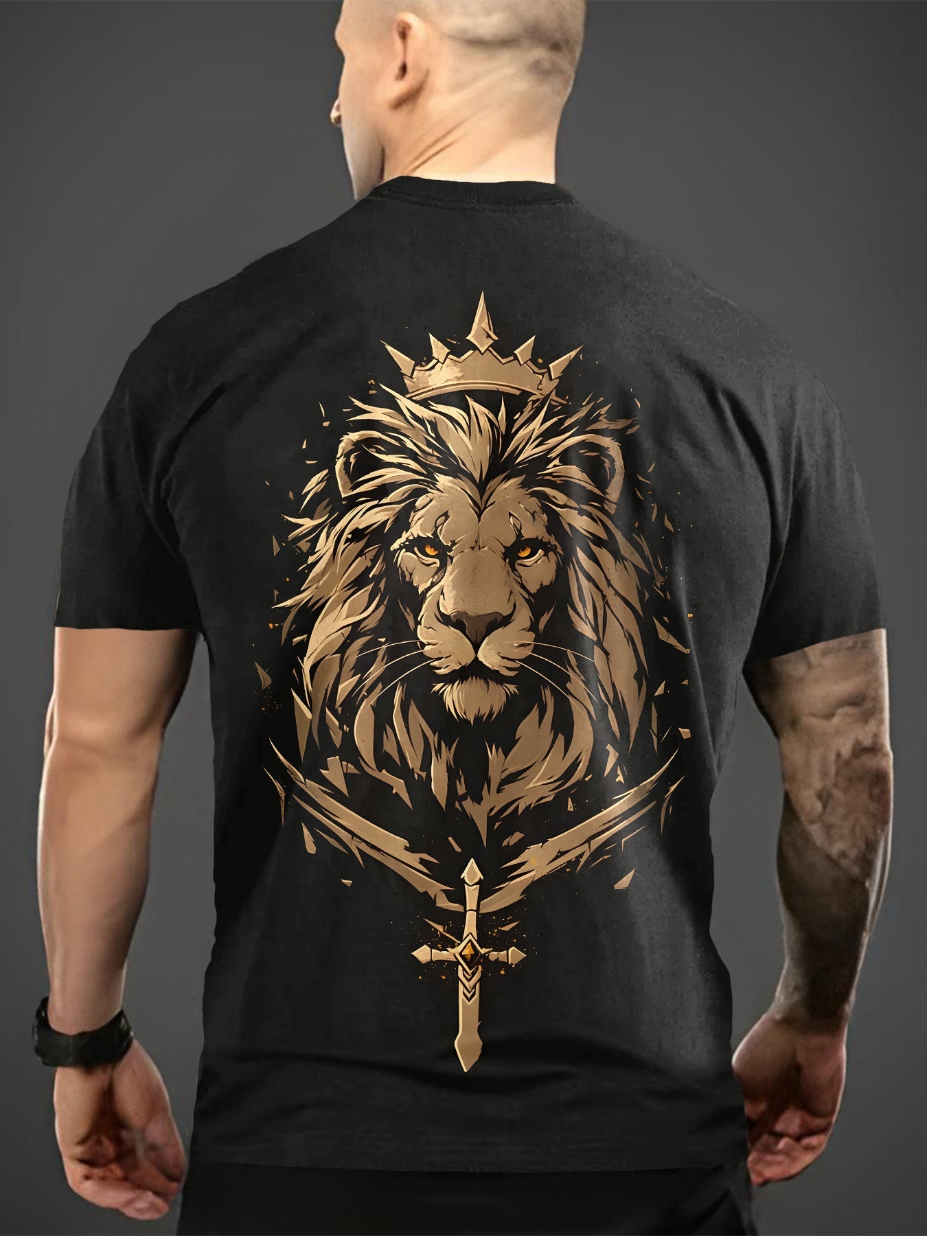 Golden Lion Crew Neck T-Shirt - Kingly Lion Crown Sword, Short Sleeve, Casual Maximus Echo