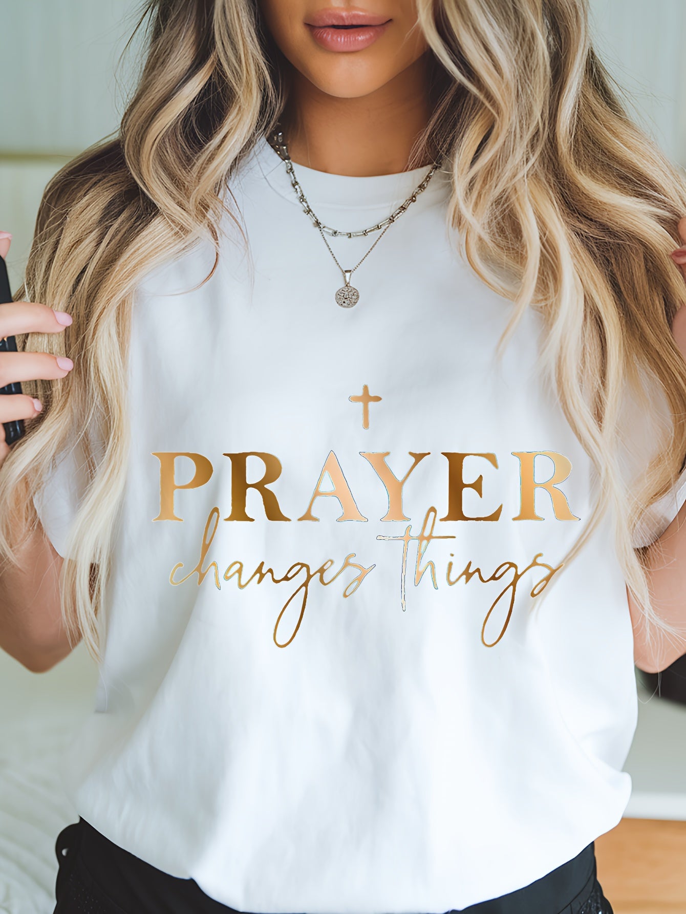 Women's "Prayer Changes Things" Christian T-Shirt - Navy Blue & Golden Lettering, 100% Cotton - Maximus Echo