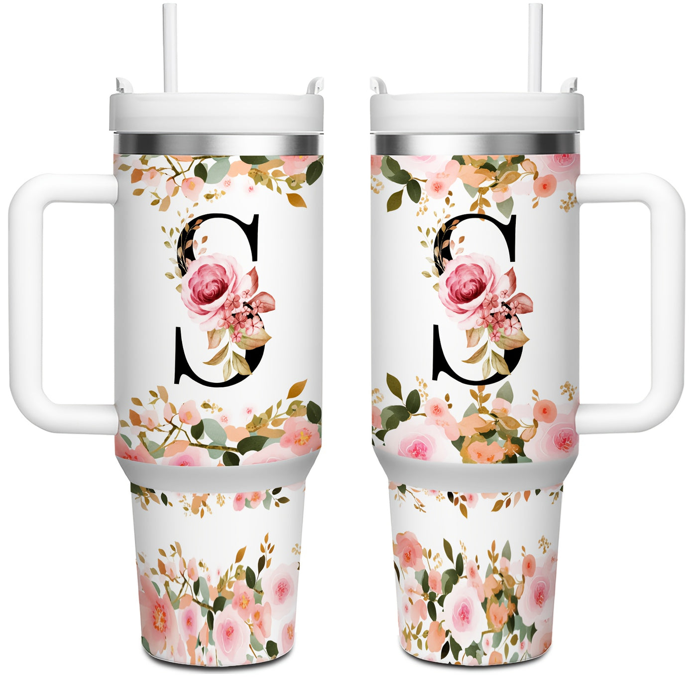 1pc 40oz "A-Z Floral Letters" Stainless Steel Travel Cup, Keeps Hot 12h Cold 24h. Coffee Cup - Maximus Echo