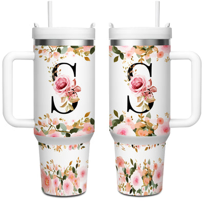 1pc 40oz "A-Z Floral Letters" Stainless Steel Travel Cup, Keeps Hot 12h Cold 24h. Coffee Cup - Maximus Echo