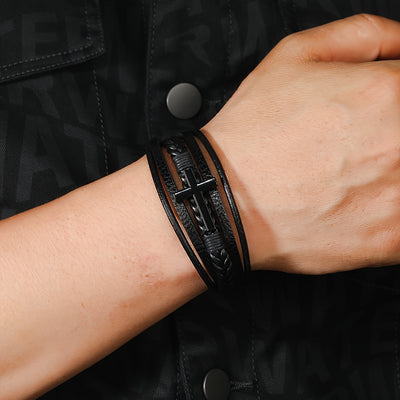 1pc PU Leather Fashion Magnetic Buckle Cross Simple Men's Versatile Woven Bracelet, Father's Day Gift - Maximus Echo